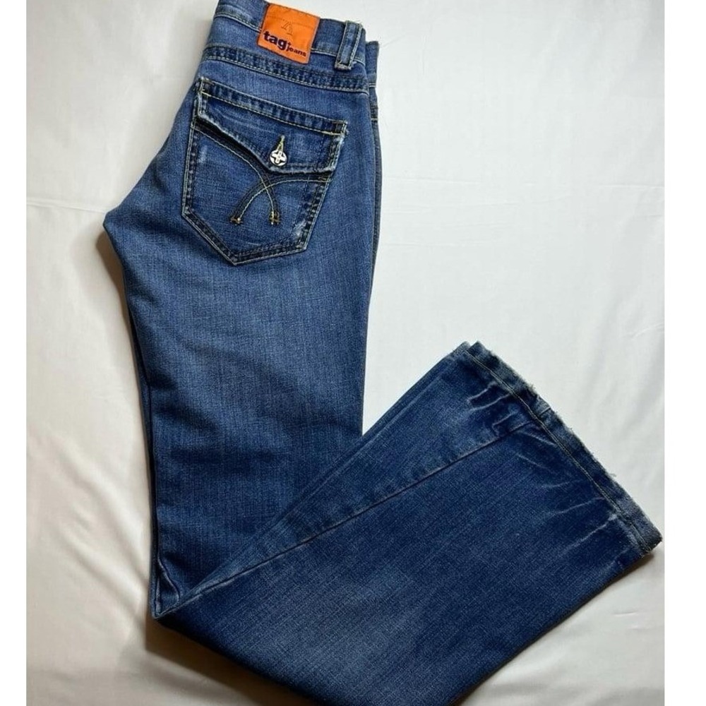 Tag Jeans Women's Size 27‎ Blue Flare Distressed Flap Pocket Denim Pants
